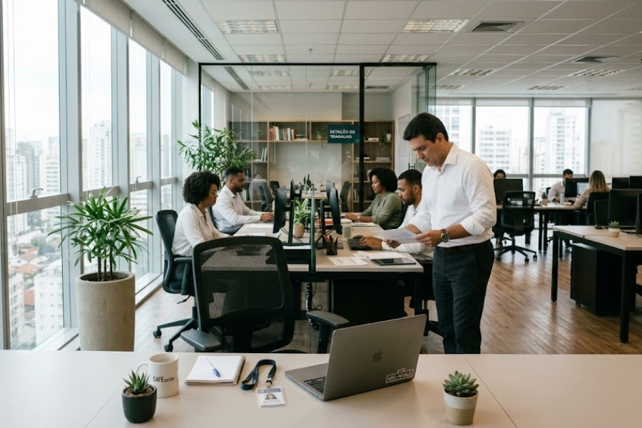 cadeira vazia em escritório representando afastamento de funcionário e risco trabalhista para empresa