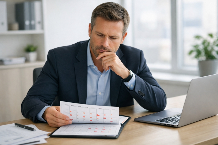 gestor analisando calendário de feriados no escritório ao planejar escala de trabalho da empresa