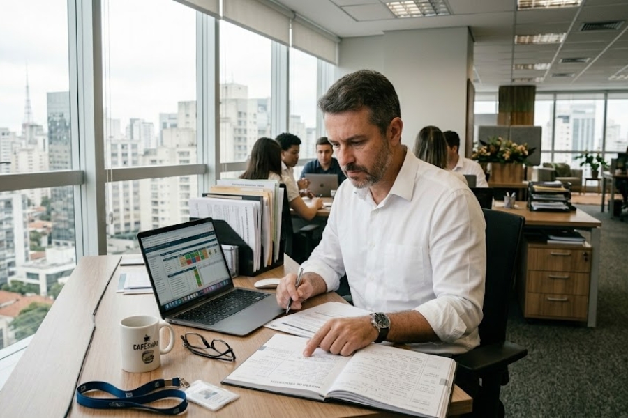 gestor analisando documentos e sistema para controle de afastamento de funcionário pelo INSS