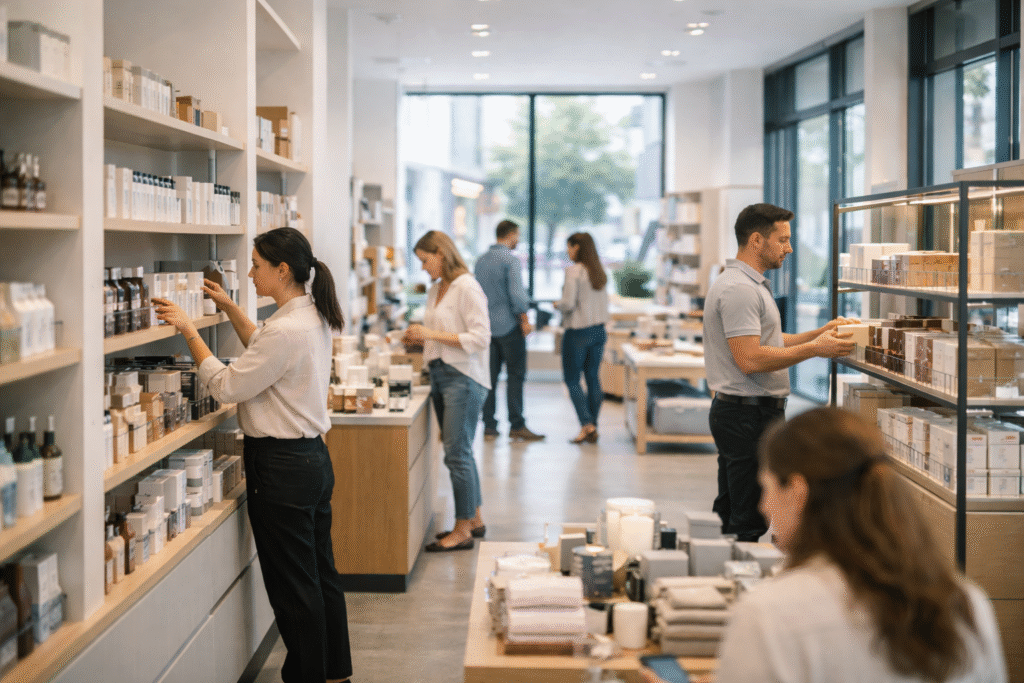 funcionários trabalhando em loja do comércio durante feriado em ambiente corporativo e um calendário informativo sobre o dia 1º de junho de 2026