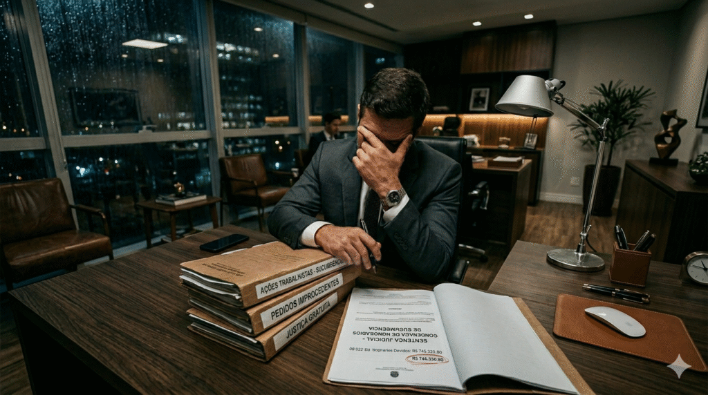 Executivo frustrado em escritório analisando custos de ações trabalhistas aventureiras e impacto da justiça gratuita e sucumbência.