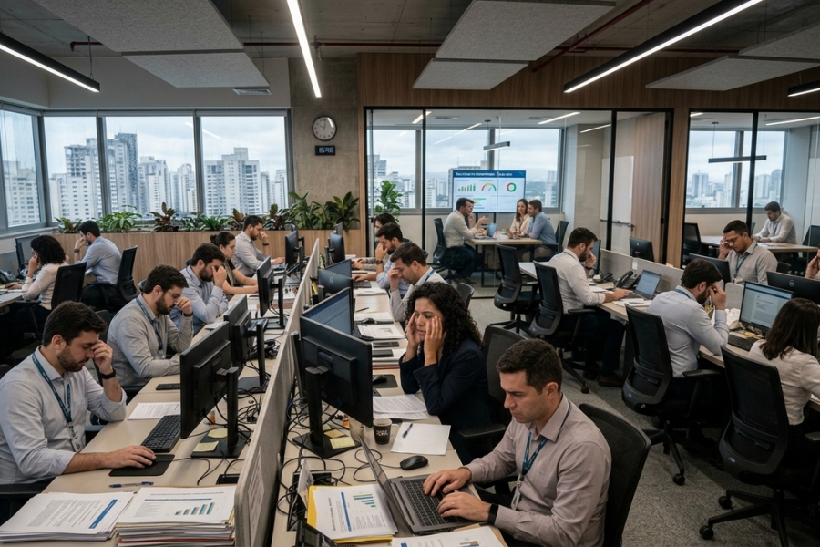 ambiente corporativo brasileiro representando pressão organizacional e aumento dos afastamentos por burnout nas empresas