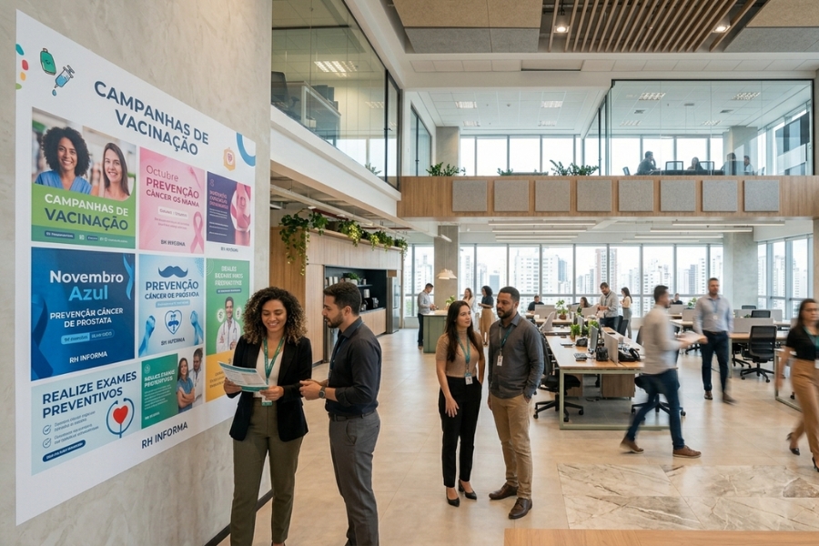 Quatro colegas de trabalho em um escritório moderno, em frente a um painel com pôsteres de campanhas de RH da empresa. O painel inclui "Campanhas de Vacinação", "Novembro Azul" e "Realize Exames Preventivos". Dois colegas à esquerda estão conversando e olhando para o painel.