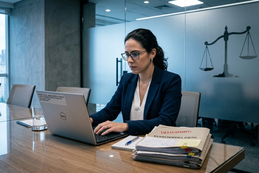 Gestora de RH ou advogada analisando documentos em escritório corporativo, simbolizando a estratégia da empresa para reagir à litigância de má-fé e ações trabalhistas predatórias.