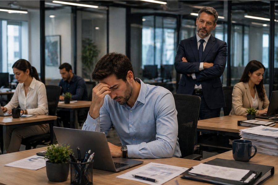 equipe corporativa sob pressão com gestor observando ilustrando riscos psicossociais no trabalho conforme NR 1
