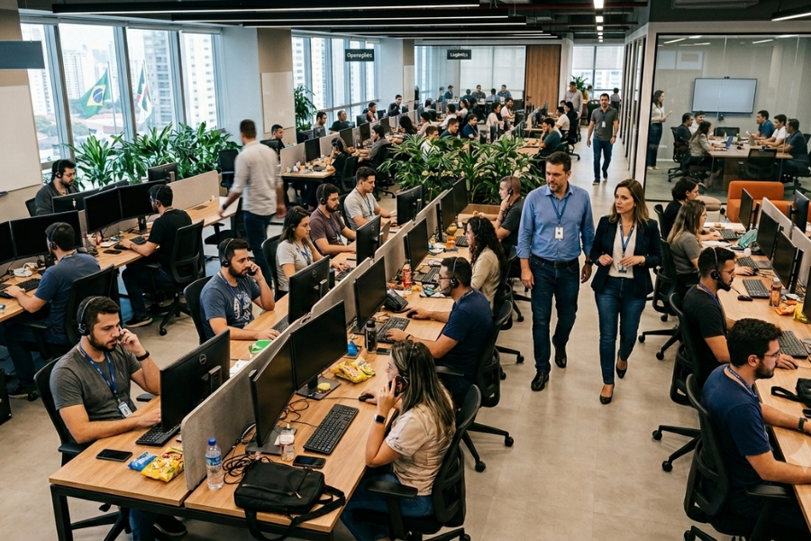 Equipe de trabalhadores em empresa brasileira durante rotina operacional, ilustrando os impactos da possível redução da jornada de trabalho e do fim da escala 6x1 para empresas.