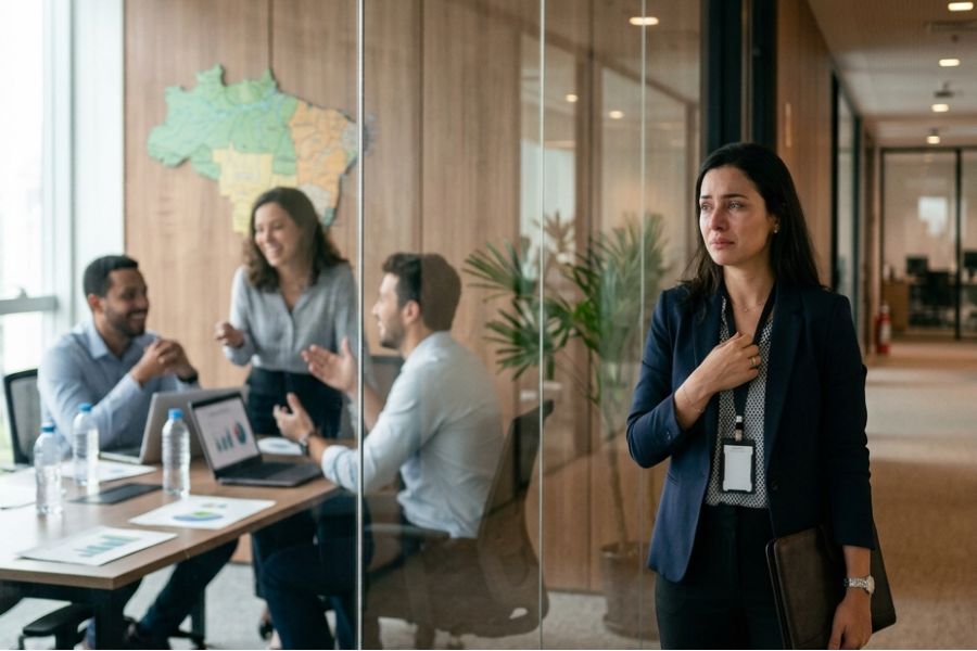 Colaboradora deixa uma sala de reuniões visivelmente abalada emocionalmente enquanto gestores permanecem reunidos ao fundo, ilustrando o impacto do assédio moral e dos riscos psicossociais no ambiente de trabalho.