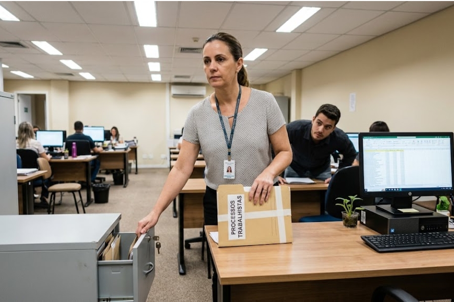 Supervisora administrativa protege documentos de processos trabalhistas em escritório de empresa brasileira, reforçando a confidencialidade das informações e o compliance trabalhista.