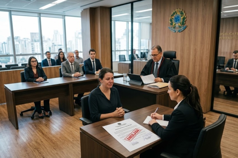 Audiência da Justiça do Trabalho em que magistrado analisa documento de renúncia assinado por empregada afastada pelo INSS por transtorno mental, destacando a importância da validade jurídica dos documentos trabalhistas e da proteção aos direitos do trabalhador.
