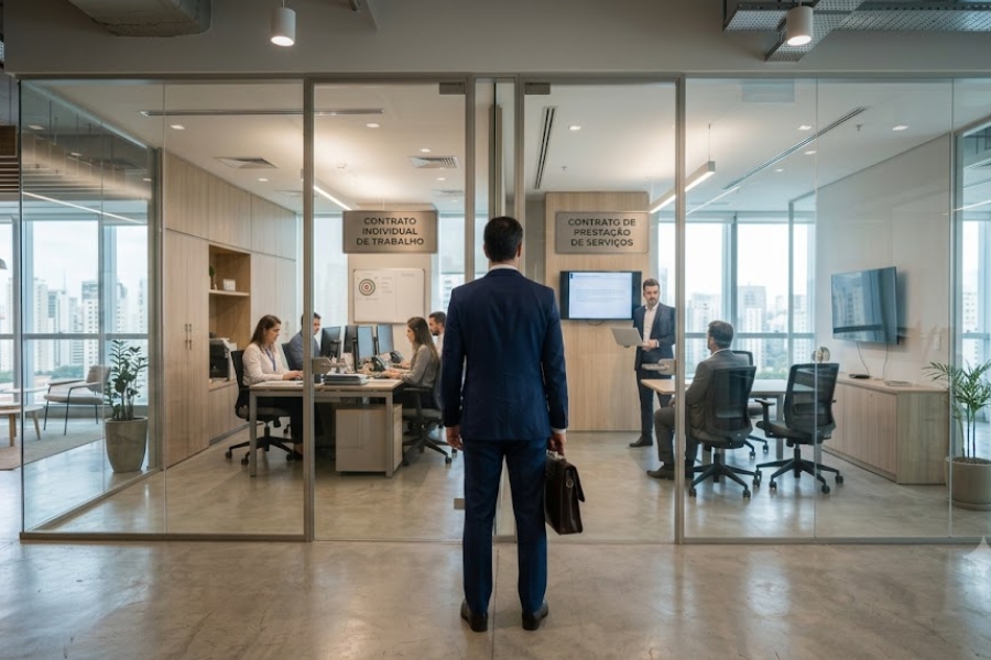 Empresário observa duas salas de reunião identificadas como Contrato Individual de Trabalho e Contrato de Prestação de Serviços, simbolizando a análise jurídica sobre contratação de empregados CLT e pessoas jurídicas após a retomada dos processos sobre pejotização pelo STF.