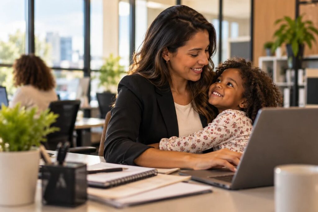 Mãe abraça criança em ambiente profissional, representando a licença-maternidade da empregada adotante.