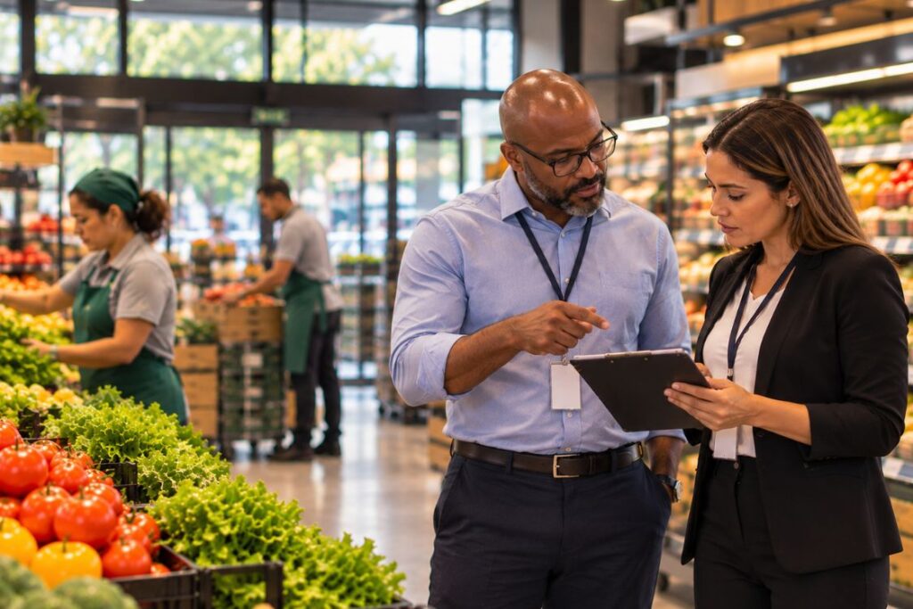 Gestores de supermercado analisam a operação enquanto empregados trabalham no estabelecimento.