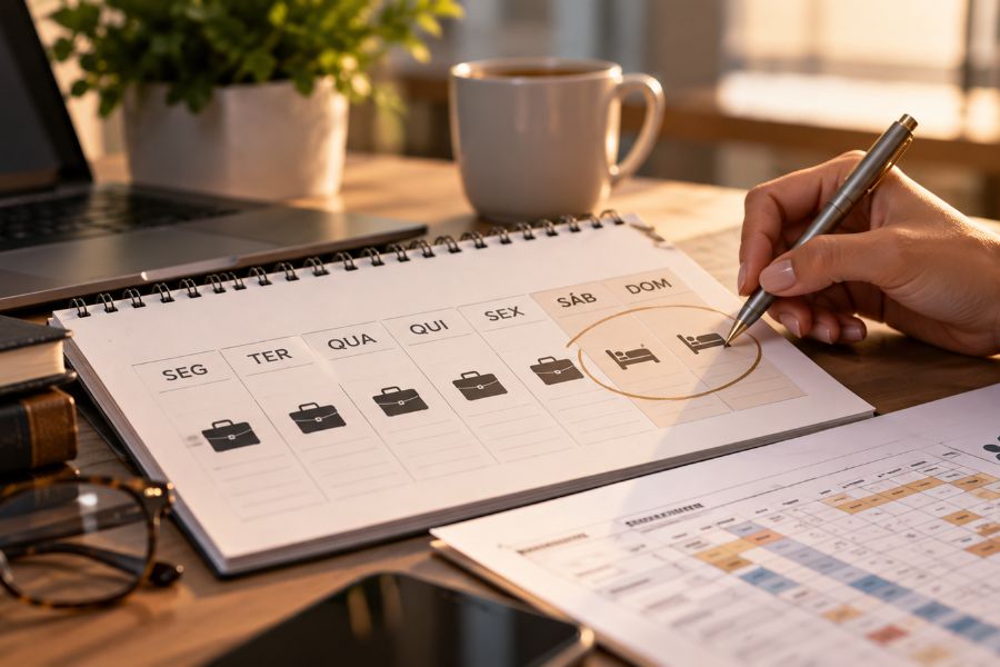 Calendário semanal representando o fim da escala 6x1 e a adoção de dois dias de folga na organização da jornada de trabalho.
